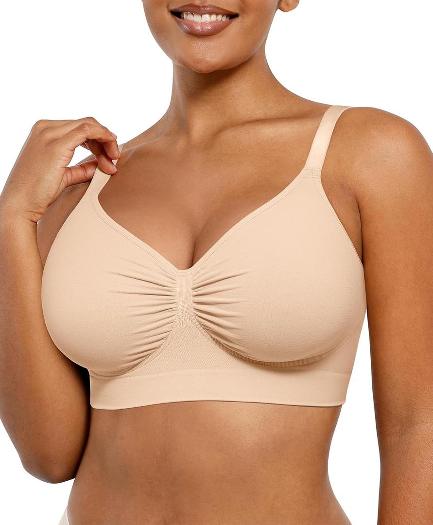 SHAPELLX Wireless Comfy Bra for Women Seamless Bra Non Padded Soft Bralette V Neck Everyday Bras with 4 Rows of Hooks (Large, Nude)