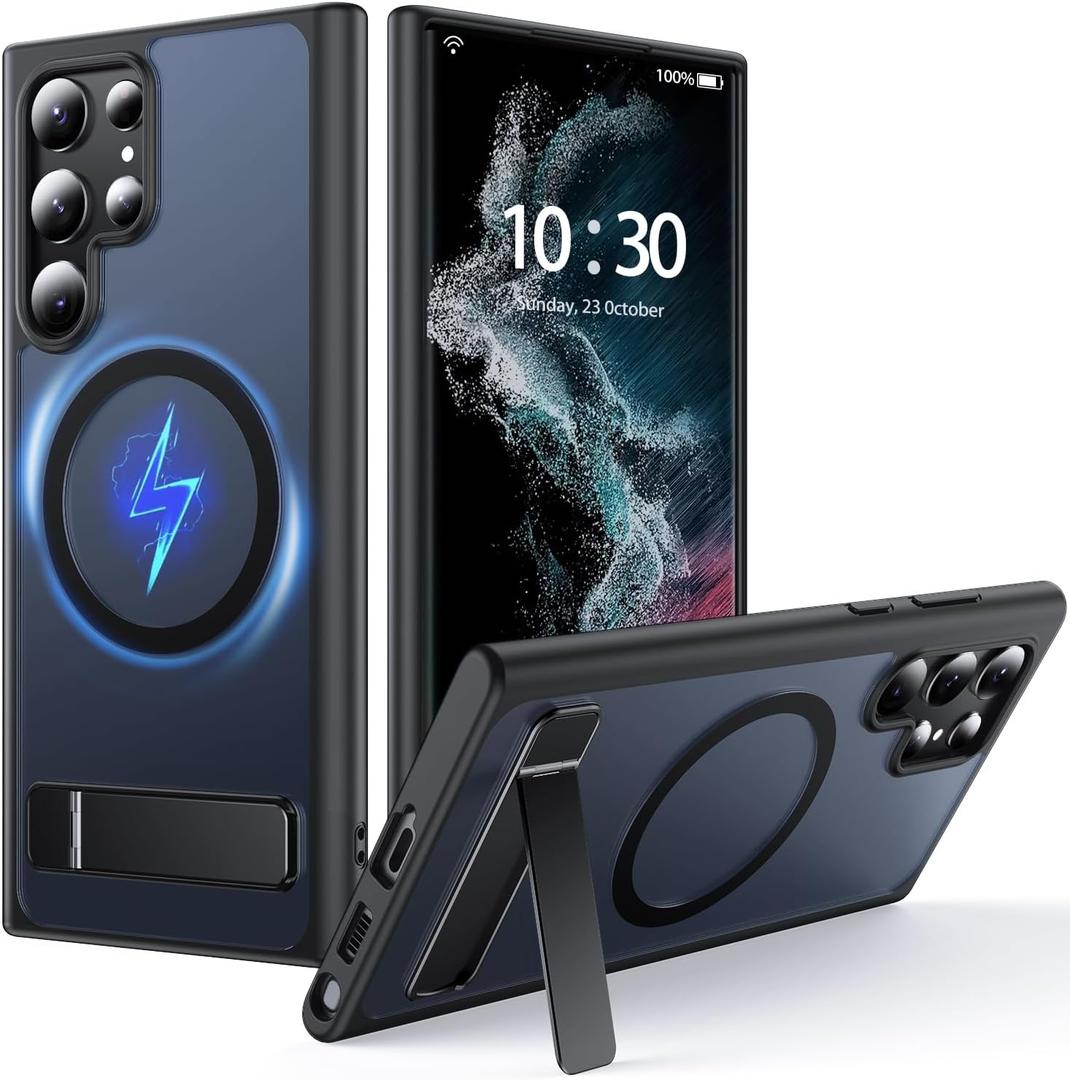 for Samsung Galaxy S22 Ultra Case with MagSafe [Adjustable Kickstand] [Charge While Standing] [Military Shockproof] Translucent Matte Soft Silicone Bumper for S22 Ultra Phone Case Slim, Black