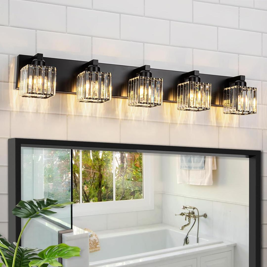 35.43" Black Crystal Bathroom Vanity Light 5-Lights Modern Bathroom Lighting Fixtures Over Mirror, Crystal Wall Light (Black-Square Shade)