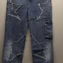 Women's Y2K Baggy Cargo Jeans High Waisted Ripped Star Tassel Fringe Denim Pants Flap Pocket Stretch Streetwear, L