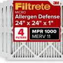 Filtrete 24x24x1 AC Furnace Air Filter, MERV 11, MPR 1000, Micro Allergen Defense, 3-Month Pleated 1-Inch Electrostatic Air Cleaning Filter, 4 Pack (Actual Size 4-Pack 23.69x23.69x0.81 in)