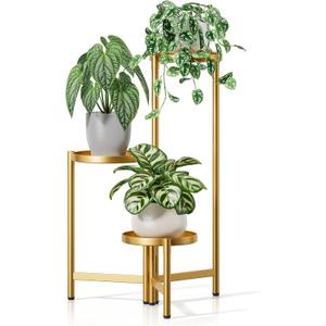 3 Tiered Plant Stand Indoor for Multiple Large Planter, Tall Heavy Duty Adjustable Folding Rack with Rustproof 7.9 Inch Wide Tray, Gold Plant Shelf for Corner Living Room - GoldDisk