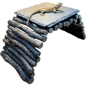 Bearded Dragon Tank Accessories - Natural Rock Basking Platform & Wooden Climbing Bridge Ladder Hideout, Habitat Dcor for Tortoise, Snake, Gecko & Reptile Terrariums