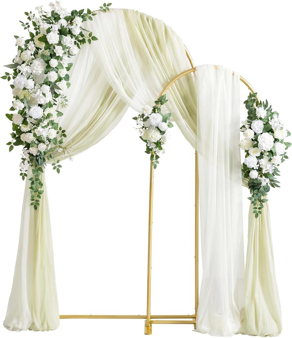 Ling's Moment Wedding Arch Backdrop Stand with Flowers - 7.2FT, 6FT Double Metal Arch Frame with Drapes for Ceremony Decoration - Bridal Shower, Artificial Floral Birthday, Set of 2, White Ivory Green
