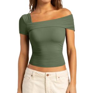 SUUKSESS Women One Off The Shoulder Summer Tank Tops Ruched Short Sleeve Shirts (Small, #1 Army Green)