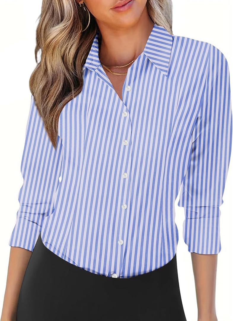 Zeagoo Womens Button Down Shirts Long Sleeve V Neck Tops Wrinkle Free Collared Work Office Solid Blouses Corset Tops (Medium, Wide Blue Stripe)