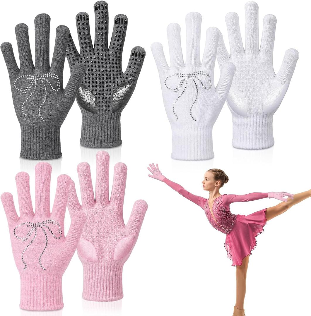 Jecery 3 Pairs Large Ice Figure Skating Gloves for Adults Winter Ice Skating Accessories with Bow Rhinestone Gel Padded Anti Slip Gloves Warm Mitten for Women Gifts