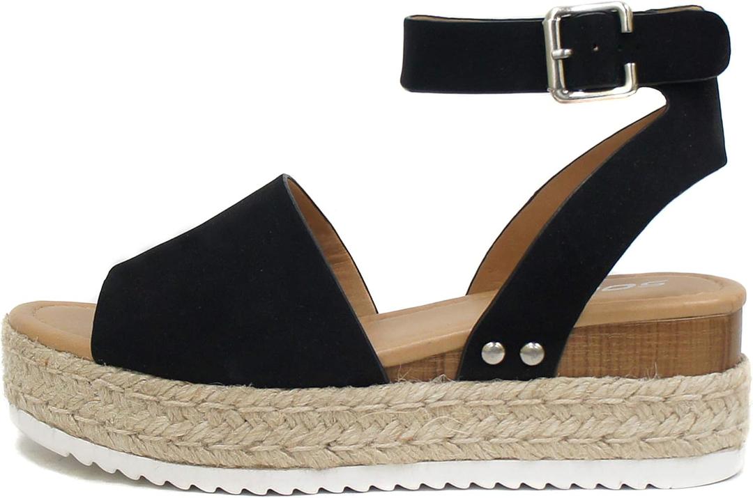 Soda Topic Open Toe Buckle Ankle Strap Espadrilles Flatform Wedge Casual Sandal (Black, us_footwear_size_system, adult, numeric, medium, 8)