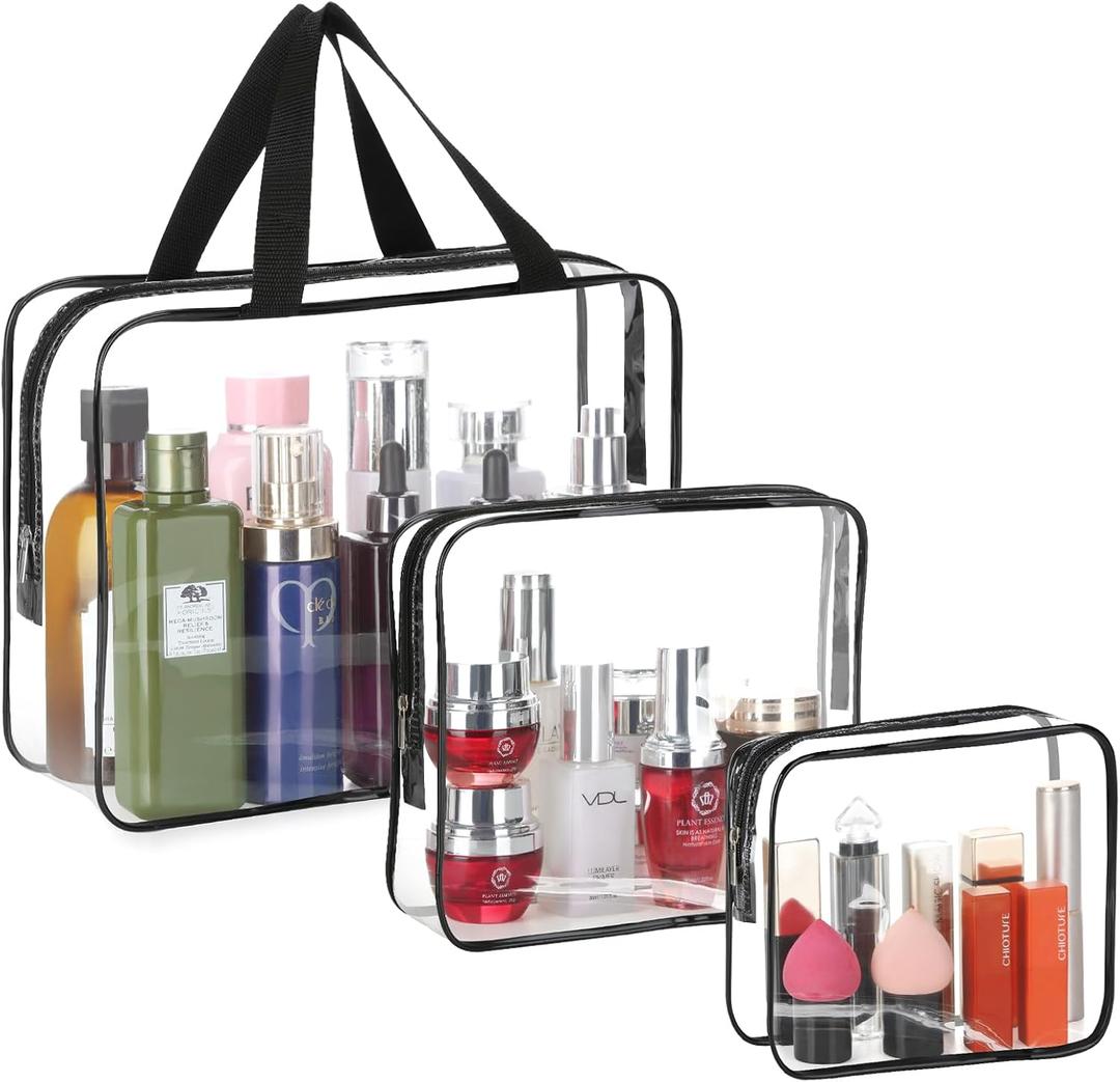 3 Pieces Large Clear Travel Bags for Toiletries, Waterproof Clear Plastic Cosmetic Makeup Bags, Transparent Packing Organizer Storage Bags (Black)