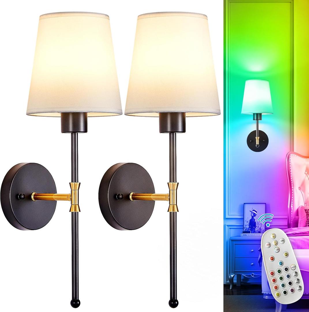 Depuley Battery Operated Wall Sconce: Set of 2 19.99" Wireless Wall Lights with Remote for Bedroom - Rechargeable 15 Colors Black and Gold Wall Lamp for Living Room Hallway Decor, Black and Gold
