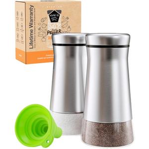 HOME EC Original Salt and Pepper Shakers Set with Adjustable Pour Holes - Glass and Stainless Steel Salt Shaker and Pepper Shaker - Farmhouse Spice dispenser for salts, ground peppercorn and spices (2pk, Silver)