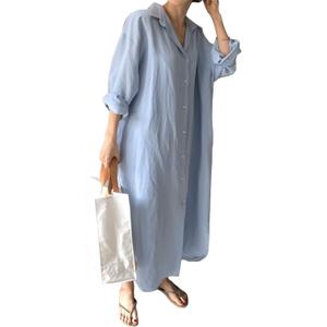 GGUHHU Womens Chic Button Down Rolled-Up Sleeve Long Cotton Blouse Maxi Dress (Medium, Light Blue)