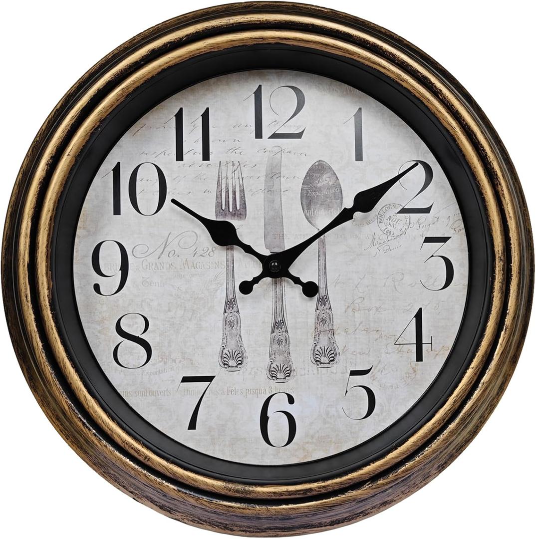 WOOPHEN Vintage Wall Clocks, 12" Silent Non Ticking Retro Wall Clock Quality Quartz Battery Operated Round Decorative Easy to Read for Home Kitchen Living/Dining Room Bedroom Office School (Bronze) (Bronze 1)