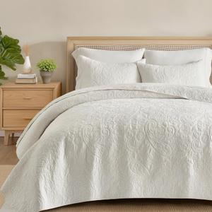 EVERGRACE 100% Cotton Paisley Quilt Set, King Size 3 Piece Set Prewashed Lightweight Bedspread with 2 Shams, Soft & Breathable Matelasse Coverlet for All-Season Comfort, Bright White | Paisley Stitch, 100% Cotton, Pre Washed, Oeko-Tex Certified, Soft, Lightweight