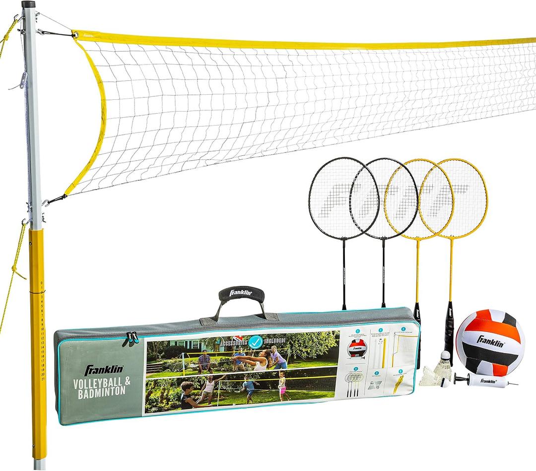 Franklin Sports Volleyball + Badminton Combo Sets - Backyard + Beach Outdoor Volleyball + Badminton Net Set - Portable Badminton + Volleyball Net with Poles - Volleyball, Rackets + Birdies Included