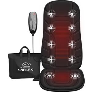 Snailax Back Massager with Heat, Massage Seat Cushion with 10 Motors, Massage Chair Pad for Home Office Use, 5 Modes & 3 Intensity Levels, 2 Heat Settings with 30-60-90 Mins Timer, Gifts for Him Her (Classic Black)