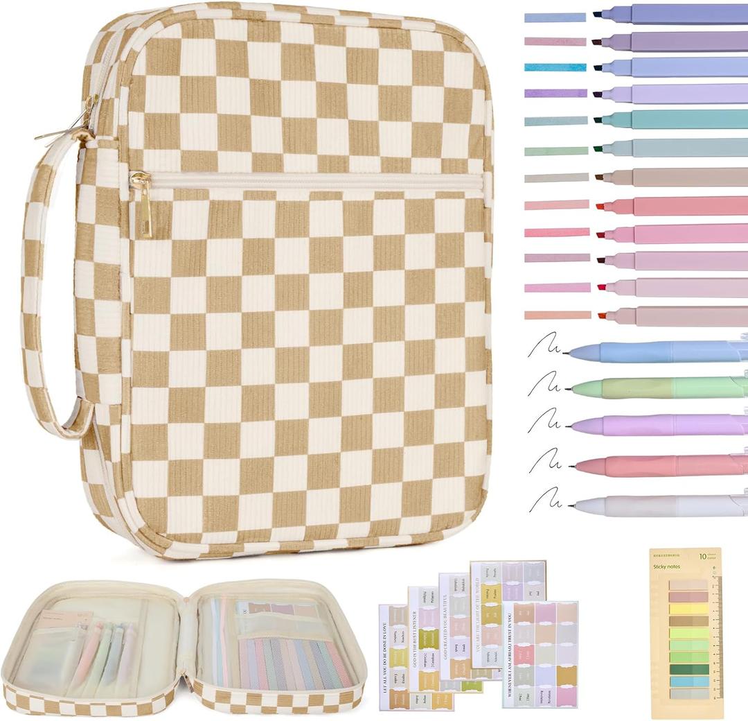 Bible Cover Case for Women Corduroy Bible Case for Girls Checkered Large Bible Cover with Handle Bible Study Supplies Accessories Christian Gifts for Women (Khaki, Medium)