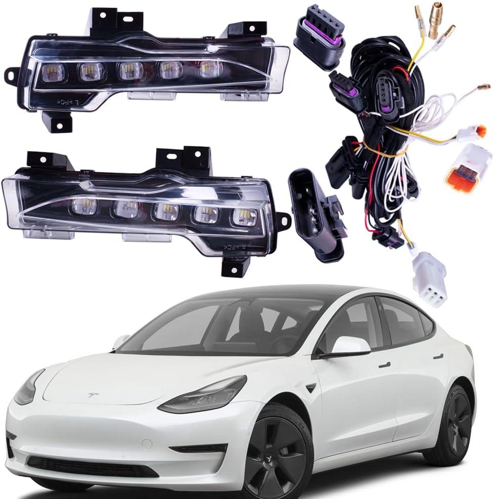 Pair of Dual Color LED Fog Light White DRL + Amber Dynamic Sequential Turn Signal/Clearance Lamp Compatible with Tesla Model 3 2017-2023(Not fit 2021 model 3 SR+) & Model Y 2020-2023