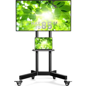 Perlegear Rolling TV Stand, Mobile TV Stand on Wheels for 32-85 Inch Screens up to 132 lbs, Height Adjustable Mobile TV Cart with Metal Shelf, Rolling TV Cart with Lockable Wheels Max VESA 600x400mm