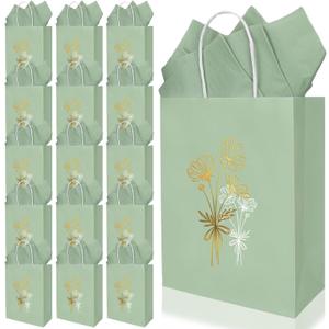 FYSUIMU 30 Pcs Sage Green Floral Paper Bags with Handle and Tissue Paper Foil Gold White Flower Party Favor Goodie Treat Bag for Thanksgiving Wedding Mother's Day Birthday Baby Shower Party Supplies