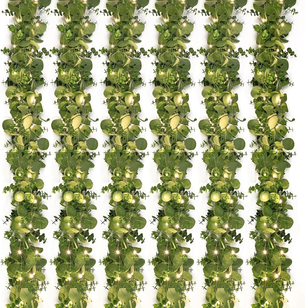 Dolicer 6 Packs 6FT Artificial Eucalyptus Garland with LED Light String, Faux Greenery Garland Hanging Fake Silver Dollar Eucalyptus Leaves Vines for Wedding Backdrop Arch Table Wall Party Home Decor