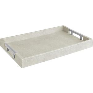 Modern Elegant 18"x12" Rectangle Natural Ivory Beige Faux Leather Shagreen Decorative Tray Ottoman Coffee Table Perfume Vanity Kitchen Serving Tray with Silver Metal Handles by Home Redefined.