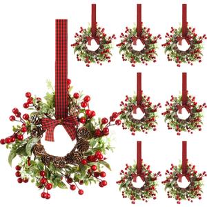 Zeyune 8 Pcs Christmas Kitchen Cabinet Wreaths with Plaid Bow Ribbon Hanging Cabinet Doors Wreaths Decorative for Kitchen Window Outdoor Indoor Holiday Decor, 14.96 x 7.87'', Classic Plaid Style