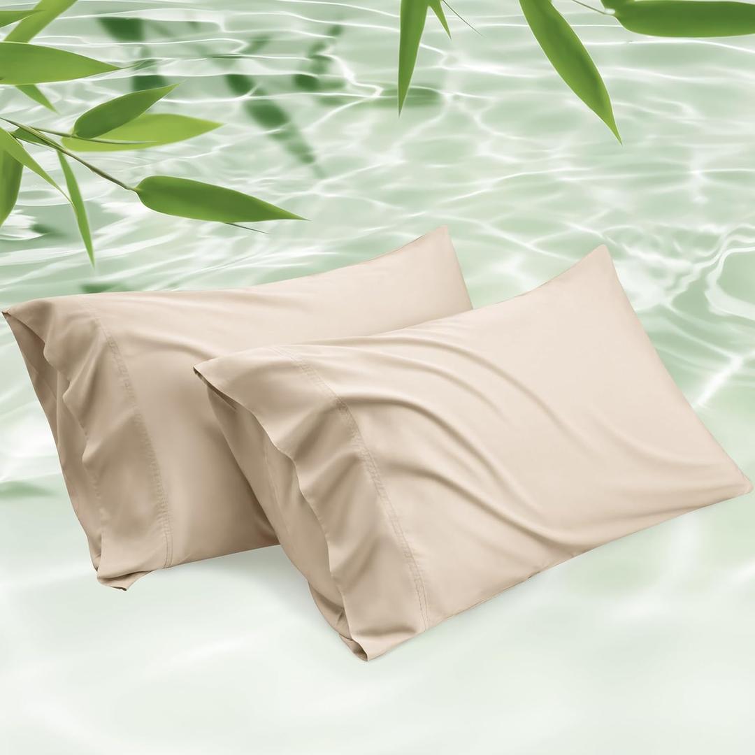 Bedsure Pillow Cases Queen, Cooling Pillow Cases, Rayon Derived from Bamboo Beige Pillowcases Queen Size Set of 2, PureWoven Silky Soft Bedding Pillow Covers with Envelope Closure, 20x30 Inches