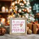 Pink Christmas Decor Sign for Bathroom, Funny Toilet Decoration, He Sees You When You're Pooping Bathroom Wooden Sign, Humor Pink Santa Tabletop Decor for Toilet 5.9x5.9 Inches