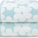 Cotton Towels for Bathroom Decor with Floral Jacquard, Super Soft and Absorbent Bath Towel Set of 2, Large Size 27.5x55 Inches (Aqua Blue)