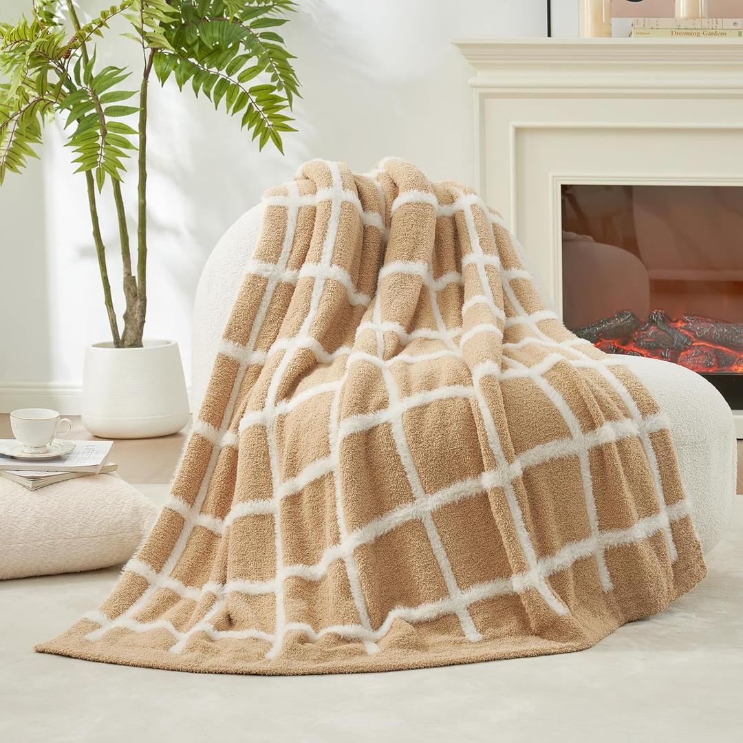 Amlie Home Cable Knit Throw Blanket for Couch, Bicolour Super Soft Fuzzy Blanket for Sofa, Luxury Cozy Fluffy Throw for Room Decor, 50" x 60", Plaid Beige