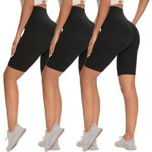 3 Pack Biker Shorts for Women  8"/5"/3" High Waisted Tummy Control Workout Yoga Running Athletic Shorts (Large-X-Large, Black/Black/Black)