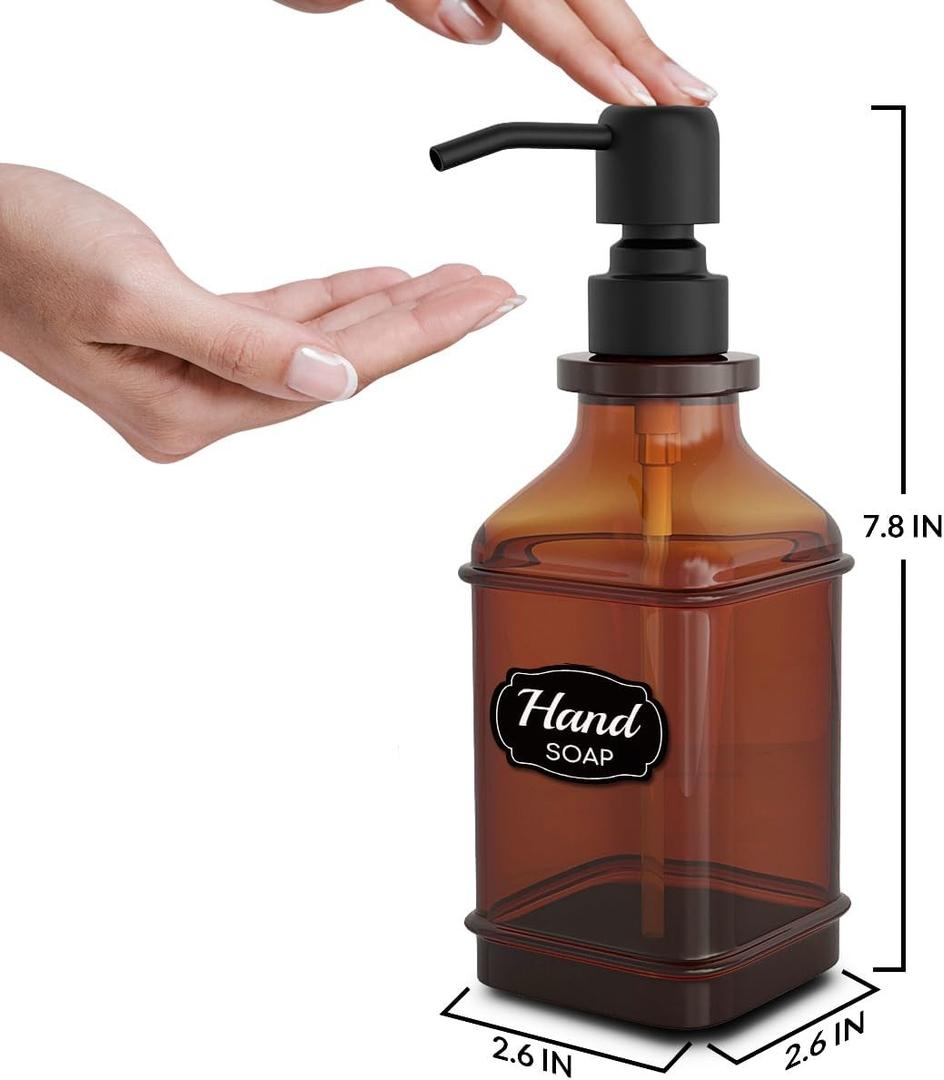 Soap Dispenser - 1 Pack, Antique Design Thick Amber Glass Hand Soap Dispensers; 304 Rust Proof Stainless Steel Black Pump, for Kitchen, Bathroom- Black (Brushed-black)