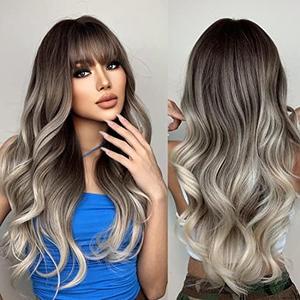 Qihang Long Wavy Ombre Blonde Wigs for Women Ash Blonde Wig with Bangs Natural Synthetic Wig with Dark Root Blonde Hair Replacement Wigs for Cosplay Party Daily Use 24 Inch