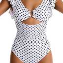 Women's One Piece Swimsuits Tummy Control Ruffle Bathing Suit Cutout Slimming Swim Suit V Neck Ring Linked Swimwear (Large, Polka Dot)