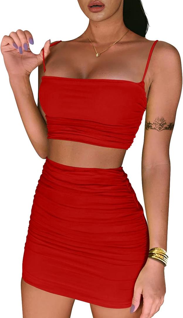 BEAGIMEG Women's Ruched Cami Crop Top Bodycon Skirt 2 Piece Outfits Dress (Red, S)