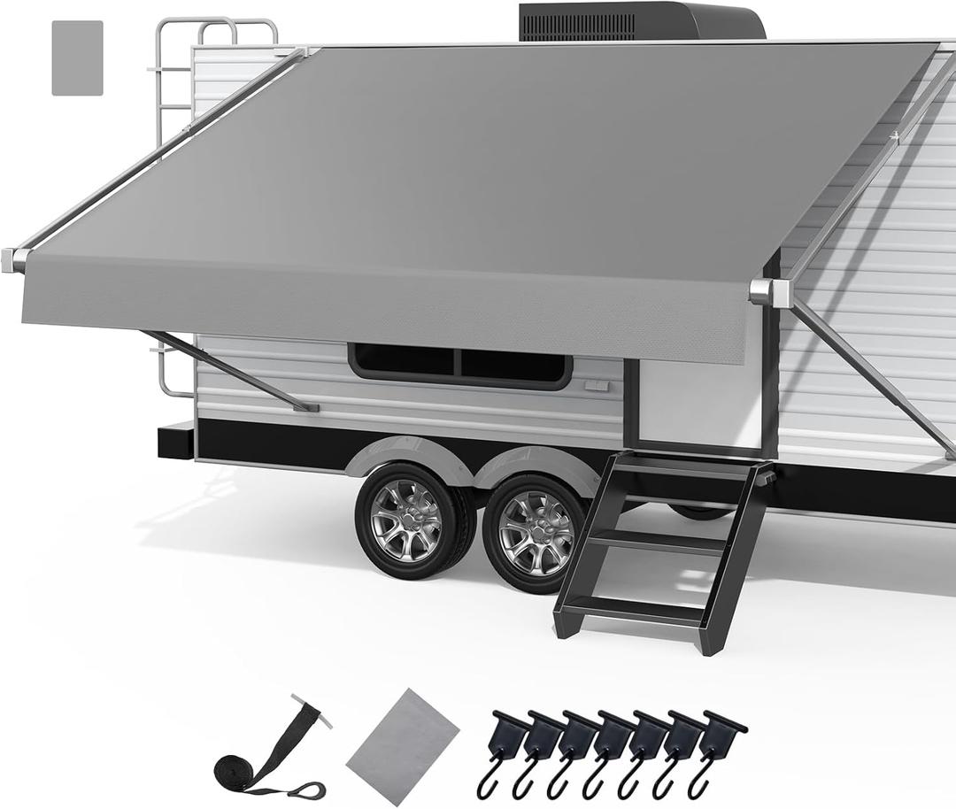 RV Awning Fabric Replacement, Upgraded 19oz Heavy Duty Material, Outdoor Vinyl Canopy for Trailer and Motorhome Awning- 19'(Fabric 18.5'2"), Gray