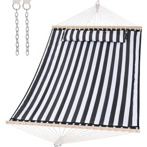 SUNCREAT Double Quilted Hammock with Hardwood Spreader Bar, Extra Large Soft Pillow, Heavy Duty 2 Person Hammock for Indoor, Outdoor, Black Stripes