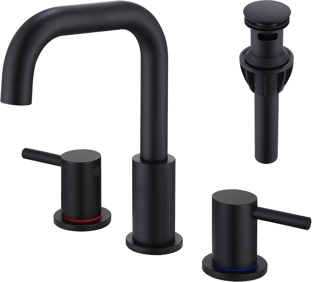 3 Hole Black Sink Faucet Bathroom, 8 in Matte Black Wide Spread Bathroom Sink Faucet with Pop Up Drain and Supply Lines, Stainless Steel 2 Handle Black Bathroom Faucet for Vanity