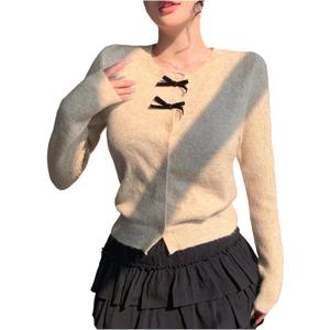 Women's Bowknot Front Button Down Sweaters Crew Neck Cute Cardigans Fall Tops (L)