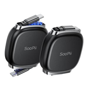 2 x SOOPII USB C to USB C Cable, 240W Retractable USB C Fast Charging Cable with Mag Snap Storage, 5-Stage Length Preset Type C Cable for lPhone 16/15 Pro Max, Galaxy S25/24 Black (2Pack 3.3FT)