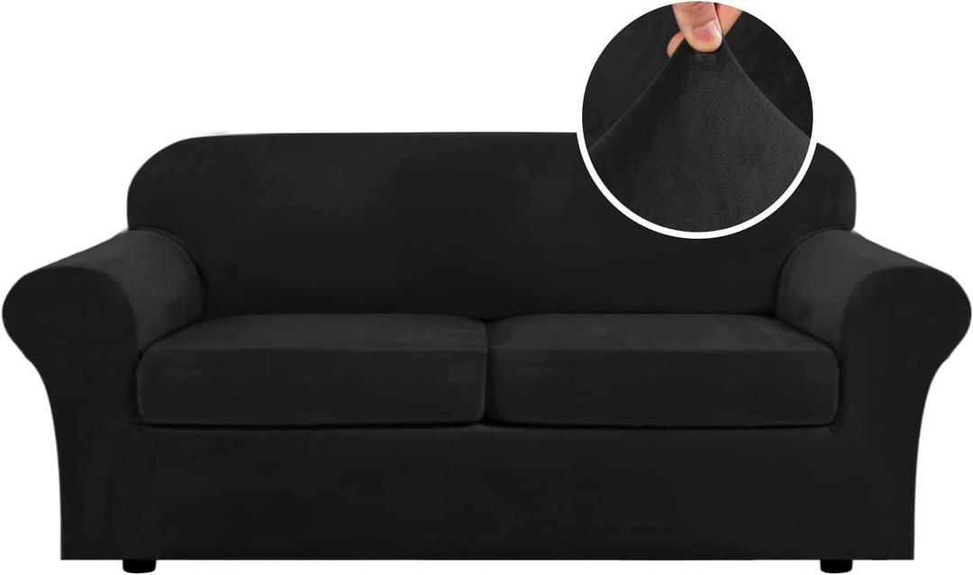 H.VERSAILTEX Real Velvet Plush 3 Piece Stretch Sofa Covers Couch Covers for 2 Cushion Couch Sofa Slipcovers Width Up to 90 Inch Feature Thick Soft Stay in Place (Large Sofa, Black)