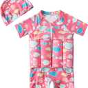 Kids Floatation Swimsuits Baby Boys Girls One Piece Float Suit Short Sleeve Swim Vest Zip up Buoyancy Swimwear +Cap (Pink)