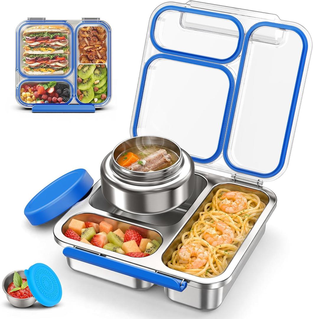 Stainless Steel Bento Box Kids Adult with 7oz Soup Thermo, Transparent Lid 3 Compartments Metal Bento Lunch Box with Insulated Food Jar,Lunch Box Container Sauce Cup for School,BPA-Free (Blue)