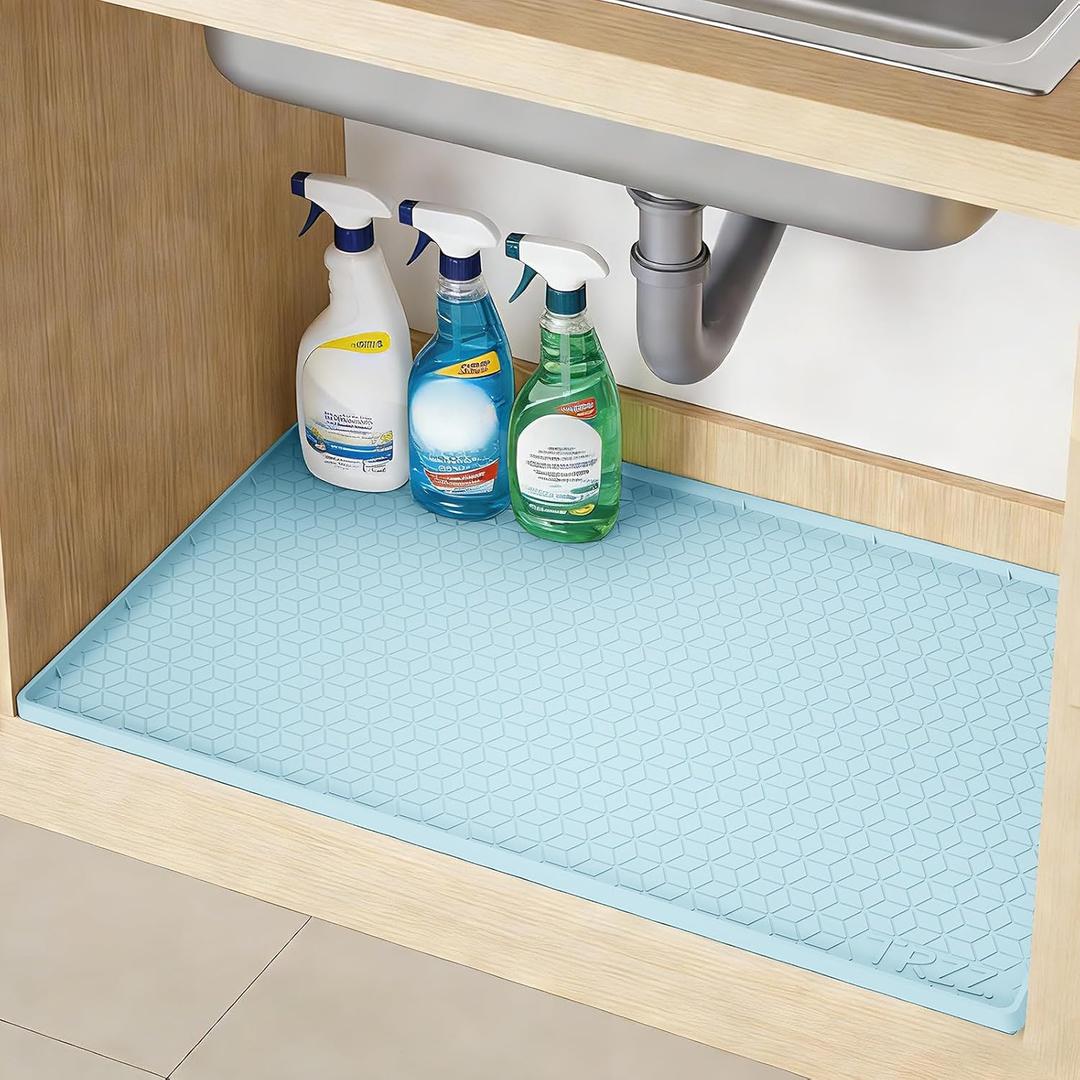 TRZZ Silicone Waterproof Under Sink Mat 34" x 19", Drip Tray and Cabinet Liner for Kitchen and Bathroom, Prevents Water Damage and Organizes Cabinets (Light Blue)