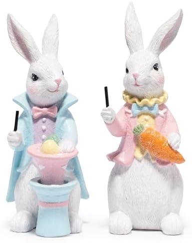Hodao Easter Bunny Figurines Set of 2-6.5" Resin Magician Rabbit Decor Pulling Egg from Magic Hat & Holding Carrot, Whimsical Spring Tabletop Centerpiece for Home Mantel Shelf