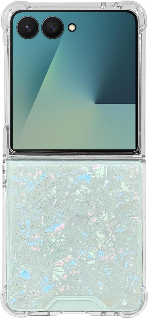 Abbery for Samsung Galaxy Z Flip 7 Case Cute Clear with Holographic Seashell Design Bling Glitter Sparkle Aesthetic Protective Shockproof Women Girly White Aurora Holo Conch Case for Galaxy Z Flip 7