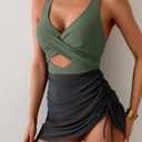 B2prity Women Mesh One Piece Swimdress Swimsuit Tummy Control V Neck Cutout Bathing Suit Wrap Drawstring Sarong Swimwear (XL)
