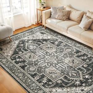 WITSHOCK Living Room Area Rugs 8x10: Washable Rug Boho Soft Non-Slip Low Pile Stain Resistant Foldable Carpet for Bedroom Playroom Dining Room Office Kitchen Farmhouse Home Decor Rug-Bitter Black