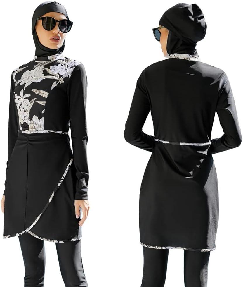 Muslim Swimsuits for Women Modest Islamic Arabic Swimwear Burkini Full Cover Hijab Top Pants Swimming Cap Bathing Suits (X-Large, Black Floral - Skirt Hem)